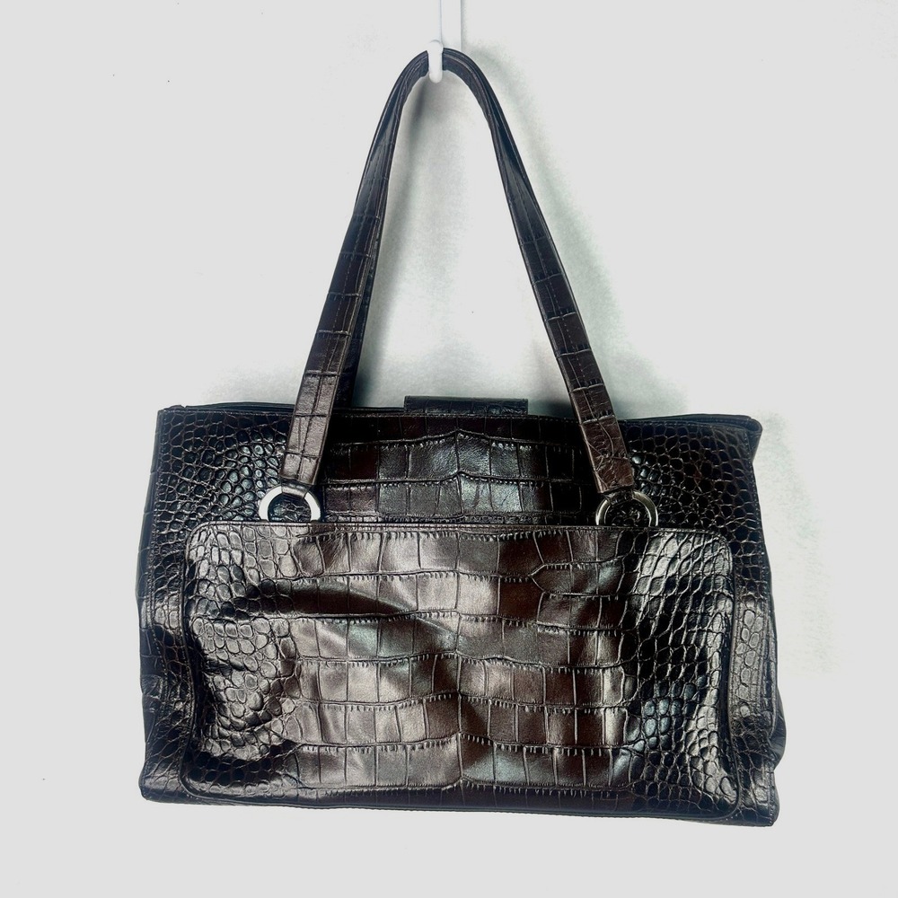 Ann Taylor Brown‎ Croc Embossed Faux Brown Leather Satchel Shoulder Bag Handbag